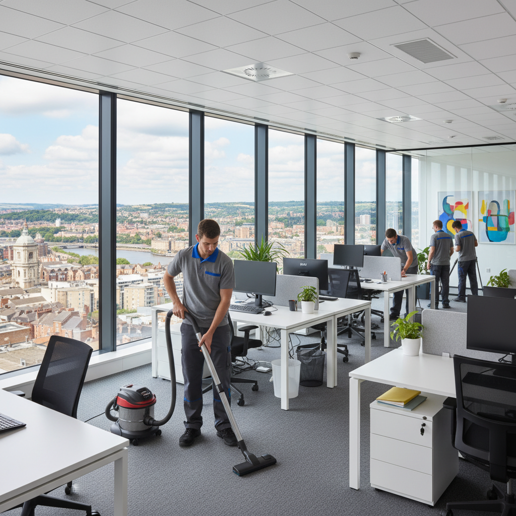 Professional commercial cleaner vacuuming in a modern Bristol office space