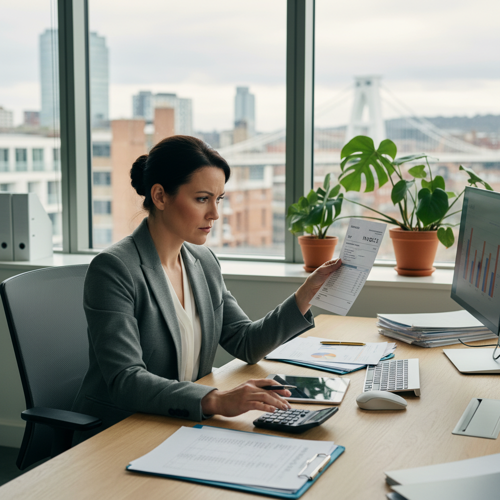Bristol business owner reviewing cleaning contract costs at a modern office desk
