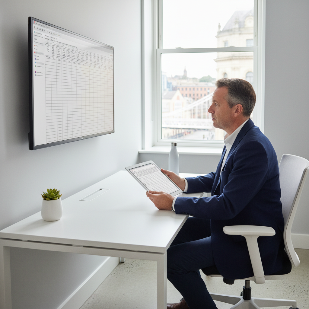 Facilities manager reviewing cleaning costs in a modern Bristol office