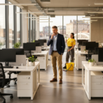 Facilities manager noticing an unpleasant smell in a Bristol office, with a Clean Bees cleaning professional nearby
