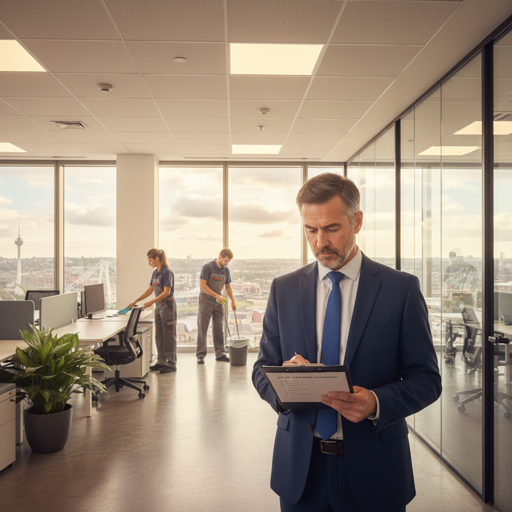 Facilities manager reviewing a cleaning schedule with a commercial cleaning team in a Bristol office