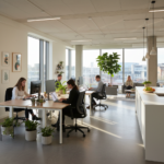 Clean, bright modern office with tidy desks and plants, showing how a hygienic workspace supports employee wellbeing and mental health