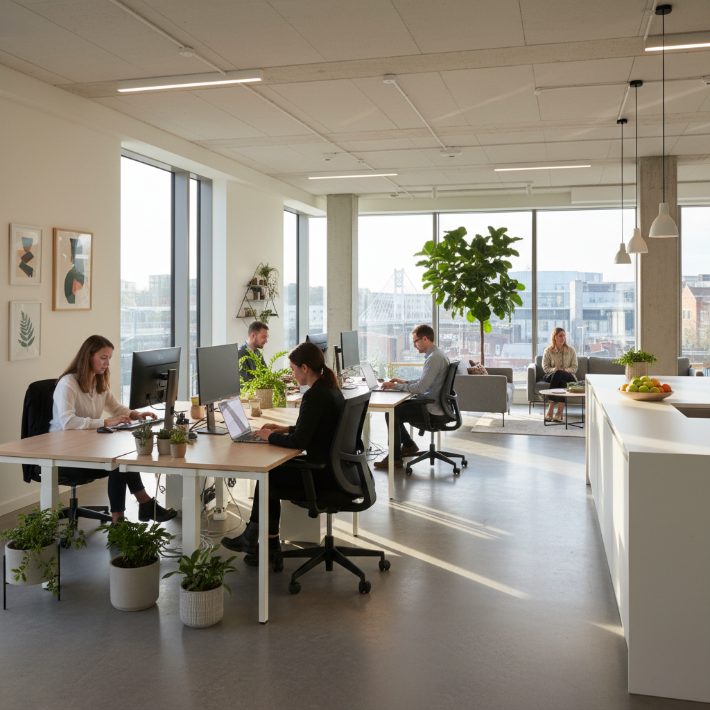 Clean, bright modern office with tidy desks and plants, showing how a hygienic workspace supports employee wellbeing and mental health